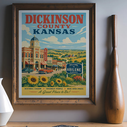 Dickinson County Kansas poster with Abilene welcome sign and vintage cars.