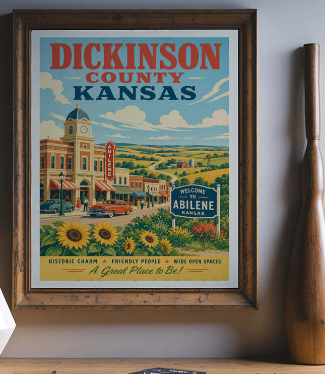 Dickinson County Kansas poster with Abilene welcome sign and vintage cars.