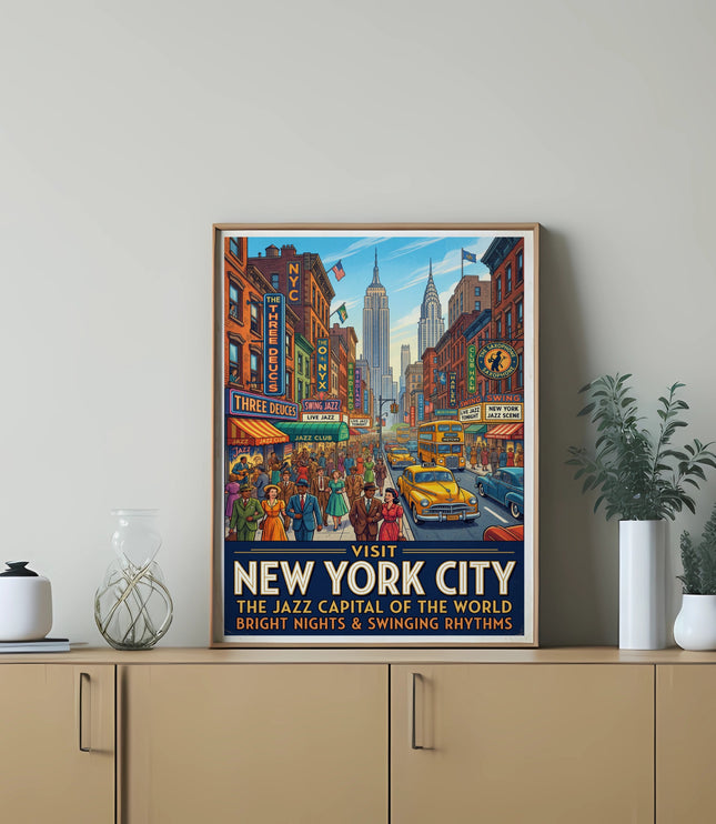 Vintage New York City poster depicting street scene with jazz clubs and Empire State Building.