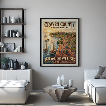 Vintage poster of Craven County, North Carolina showing Historic New Bern waterfront.