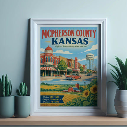 Vintage McPherson County, Kansas poster with cityscape and agricultural scenes.