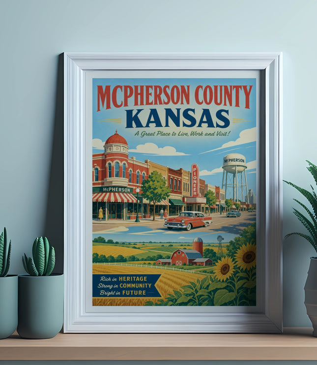 Vintage McPherson County, Kansas poster with cityscape and agricultural scenes.