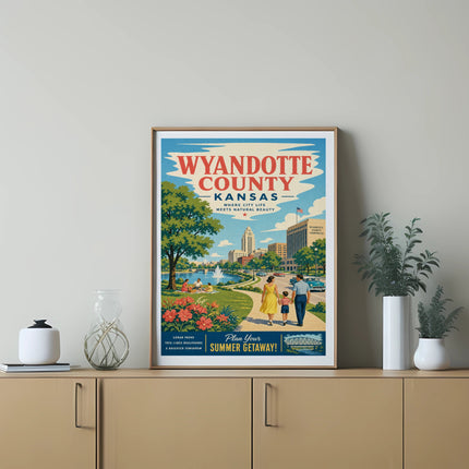Wyandotte County Kansas poster depicting city life and natural beauty.