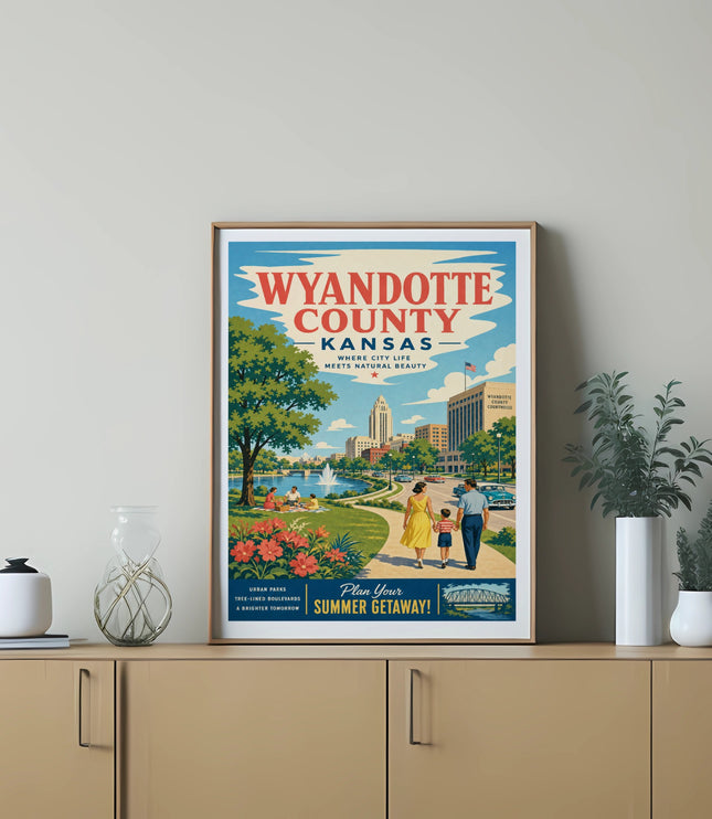 Wyandotte County Kansas poster depicting city life and natural beauty.