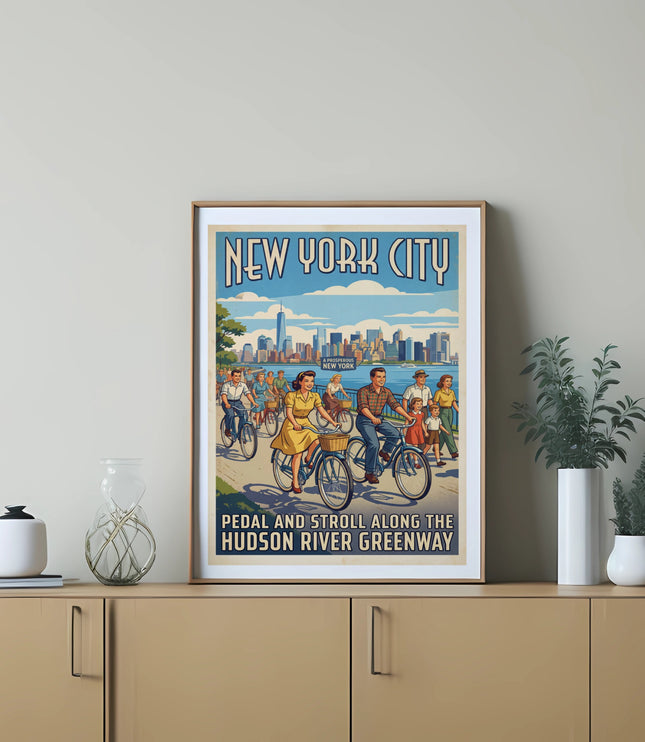 New York City skyline with people cycling on Hudson River Greenway.