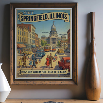 Vintage travel poster for Springfield, Illinois showing Lincoln's Home and State Capitol.