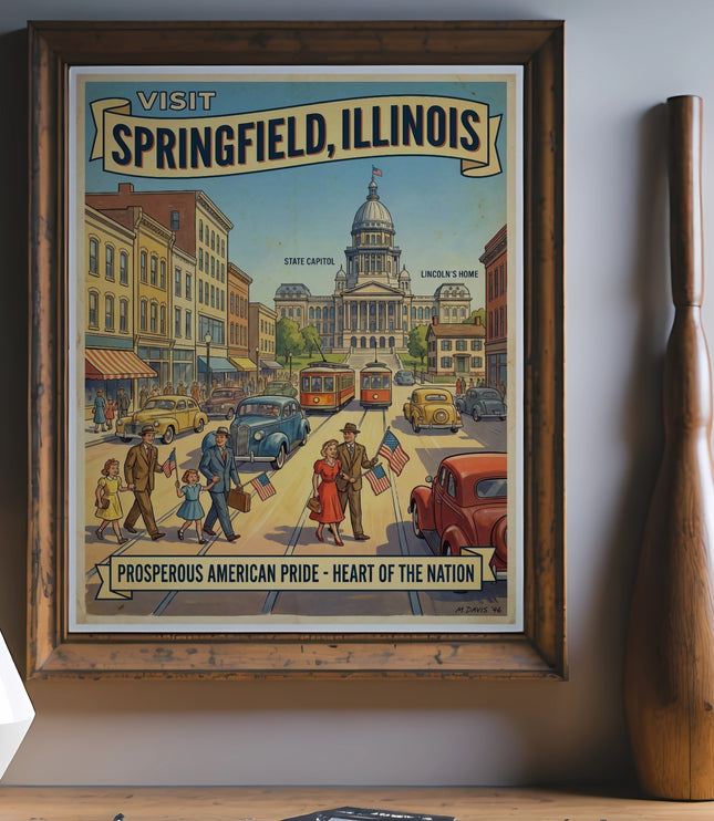 Vintage travel poster for Springfield, Illinois showing Lincoln's Home and State Capitol.