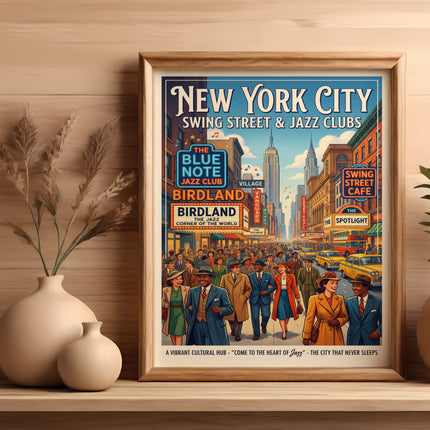 Vintage New York City jazz club poster with "Swing Street & Jazz Clubs" text.