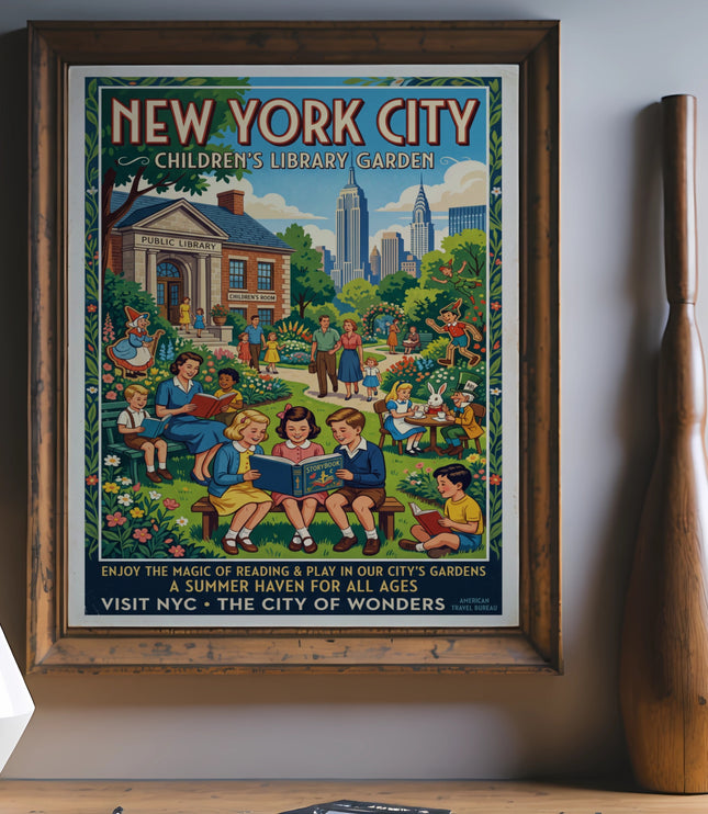 New York City Children's Library Garden poster with families and storybook characters.