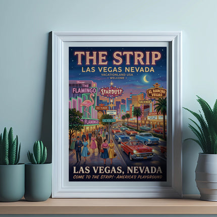 Vintage Las Vegas Strip poster featuring casinos, cars, and people with text "The Strip Las Vegas Nevada".