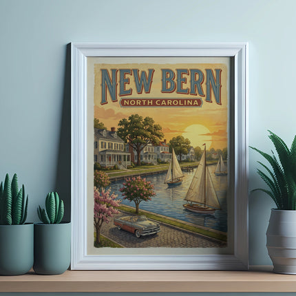 New Bern North Carolina vintage travel poster with sailboats and houses.