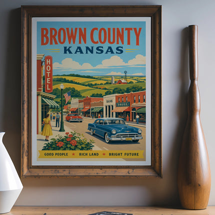 Vintage travel poster for Brown County, Kansas featuring a street scene with classic cars.