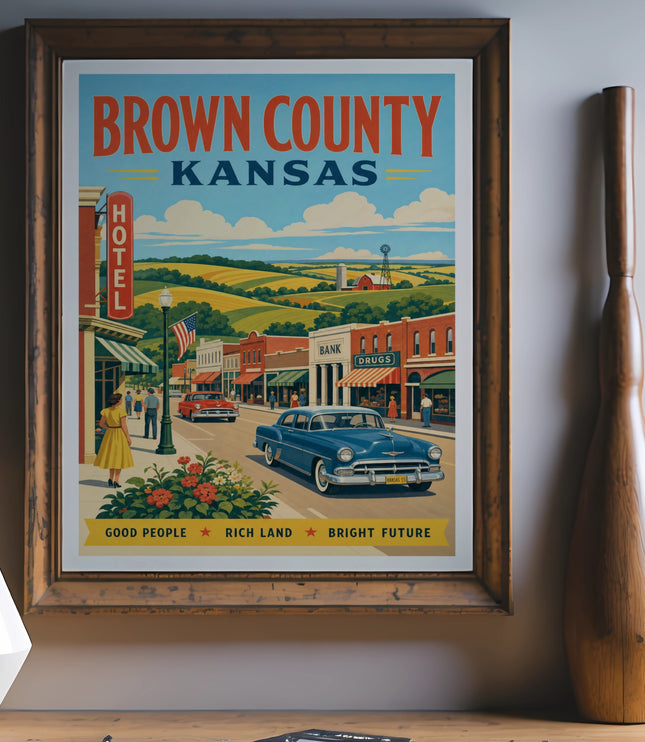 Vintage travel poster for Brown County, Kansas featuring a street scene with classic cars.