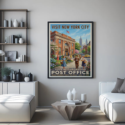 New York City vintage poster showing Washington Square Post Office, people, and buildings.
