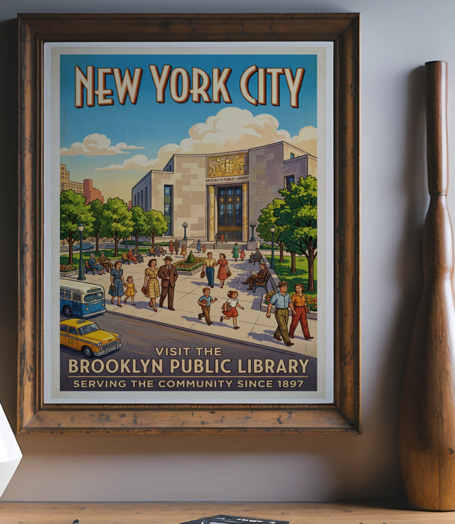 New York City poster showing Brooklyn Public Library with people, bus, and taxi.