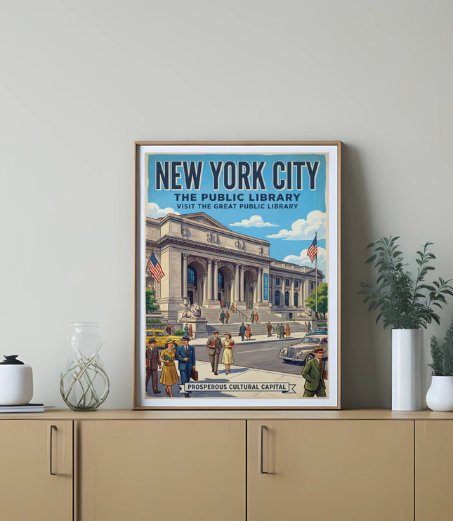 New York City Public Library retro travel poster with "Prosperous Cultural Capital" tagline.