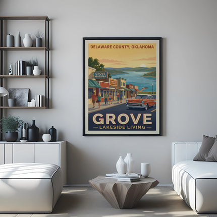 Retro travel poster for Grove, Oklahoma, featuring a vintage car and lakeside town.