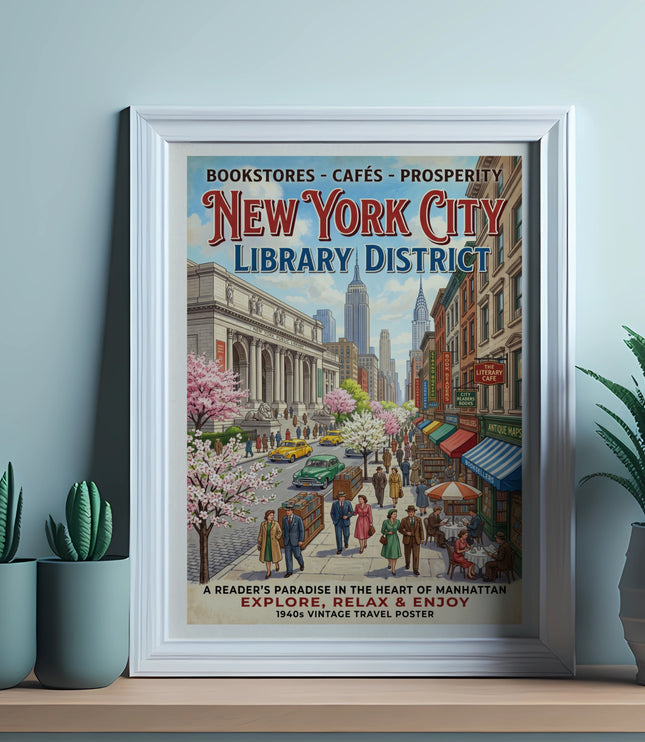 New York City Library District vintage travel poster with bookstores and cafes.