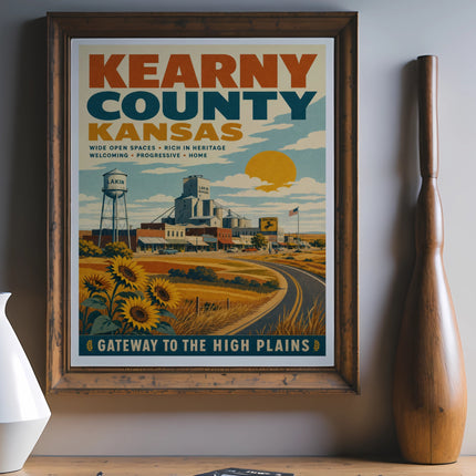 Kearny County Kansas travel poster with sunflowers, grain silos, and "Gateway to the High Plains" text.