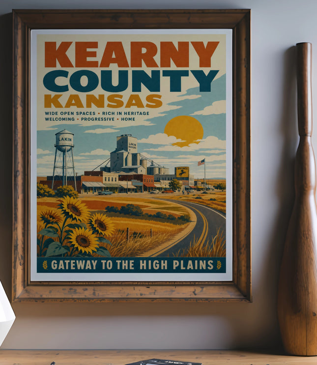 Kearny County Kansas travel poster with sunflowers, grain silos, and "Gateway to the High Plains" text.