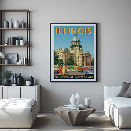 Illinois State Capitol building in Springfield, poster with vintage cars.