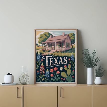 Texas cabin with wildflowers and cactus, vintage travel poster style.