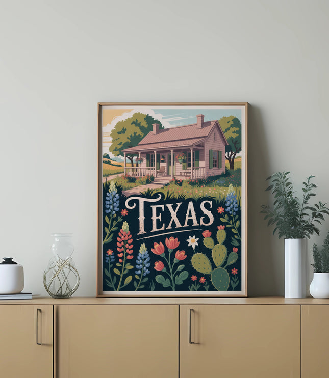 Texas cabin with wildflowers and cactus, vintage travel poster style.