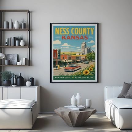 Retro travel poster for Ness County, Kansas, featuring a town scene and sunflowers.
