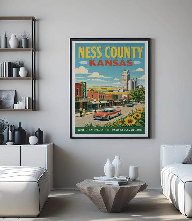 Retro travel poster for Ness County, Kansas, featuring a town scene and sunflowers.