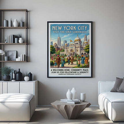 New York City travel poster for the Sikh Gurdwara, featuring families and a building.