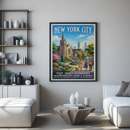 New York City poster featuring a church, park, and city skyline.