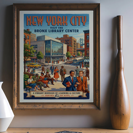 Vintage poster advertising the Bronx Library Center in New York City.