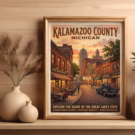 Framed art print of Kalamazoo County, Michigan, featuring a vintage street scene at sunset.