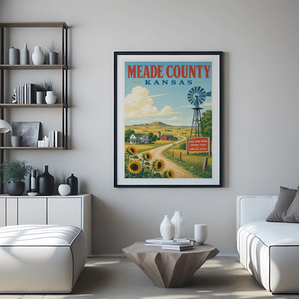 Meade County Kansas vintage travel poster with sunflowers and windmill.
