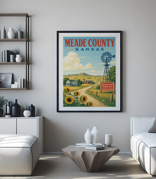 Meade County Kansas vintage travel poster with sunflowers and windmill.