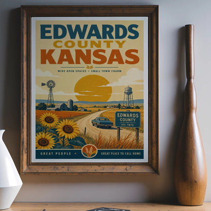 Edwards County Kansas poster with sunflowers, windmill, and water tower.
