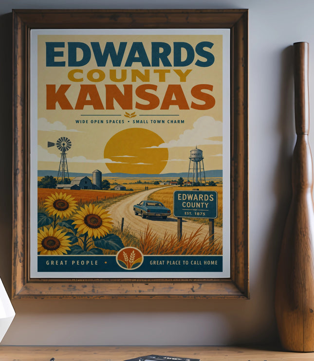 Edwards County Kansas poster with sunflowers, windmill, and water tower.