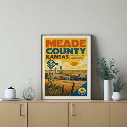 Meade County Kansas poster with windmill, sunflowers, and text "Wide Open Spaces".