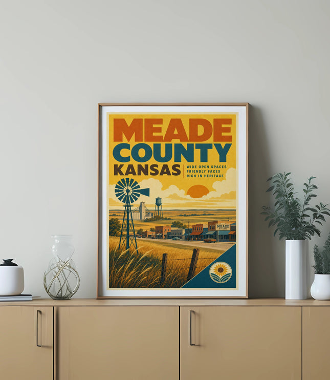 Meade County Kansas poster with windmill, sunflowers, and text "Wide Open Spaces".
