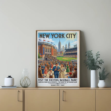 Vintage New York City baseball park poster, 1947, featuring Yankees Stadium.