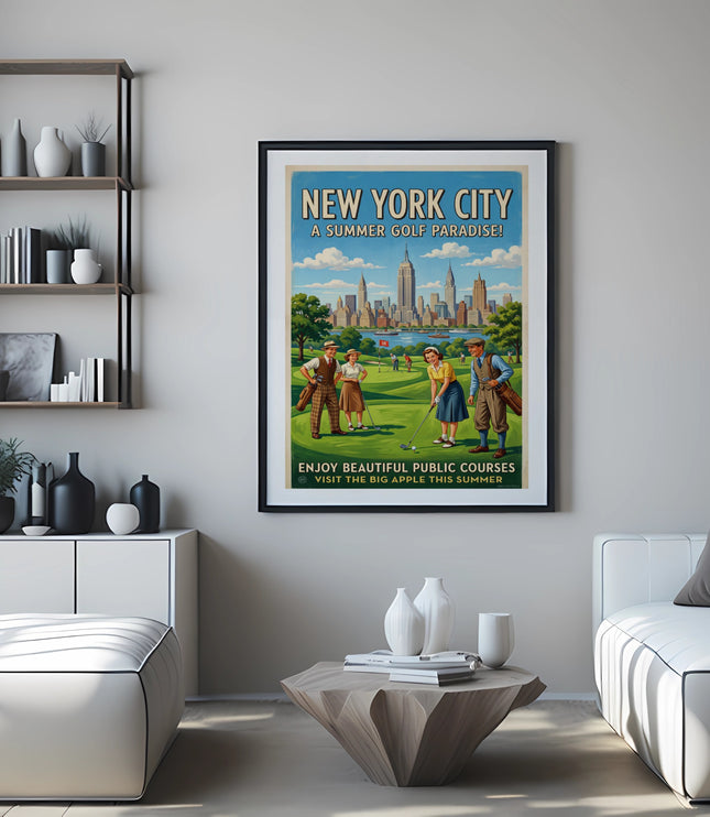 New York City golf poster with Empire State Building and golfers.