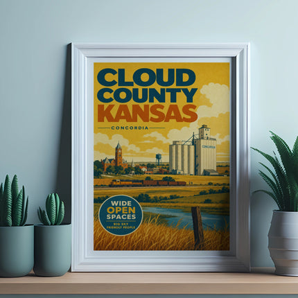 Cloud County Kansas poster with silos, train, and text about wide open spaces.