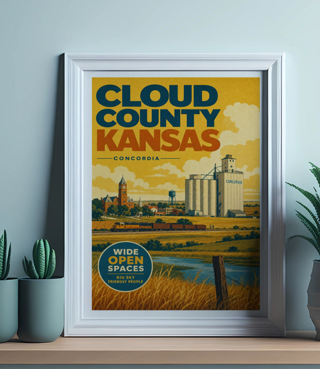 Cloud County Kansas poster with silos, train, and text about wide open spaces.