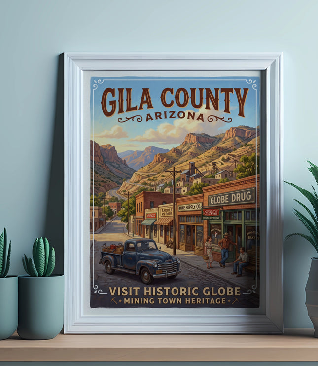 Gila County Arizona vintage travel poster featuring historic Globe mining town.