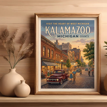 Vintage poster of Kalamazoo, Michigan featuring downtown street scene with red truck.