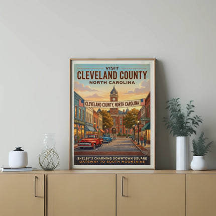 Vintage poster for Cleveland County, North Carolina, featuring downtown Shelby.
