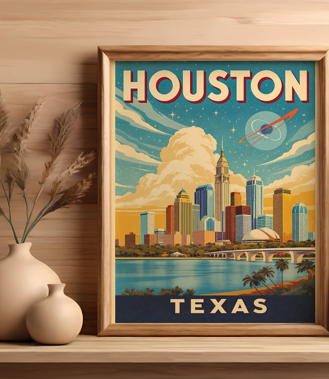 Framed poster of the Houston, Texas skyline with a bright, starry sky.