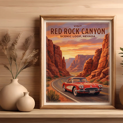 Red Rock Canyon Scenic Loop Nevada vintage travel poster featuring a classic red car.