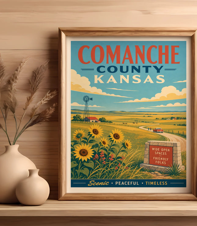 Comanche County Kansas vintage travel poster with sunflowers and windmill.