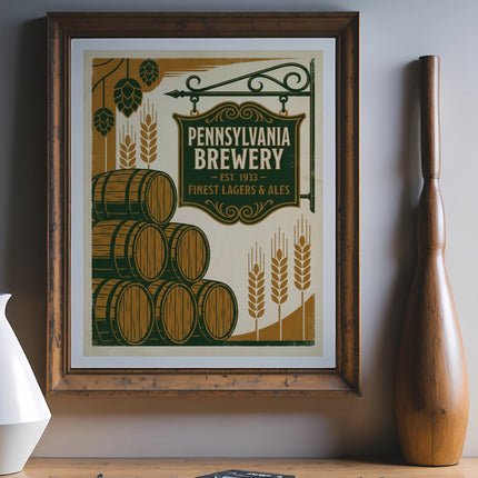 Pennsylvania Brewery sign with barrels and wheat graphic.